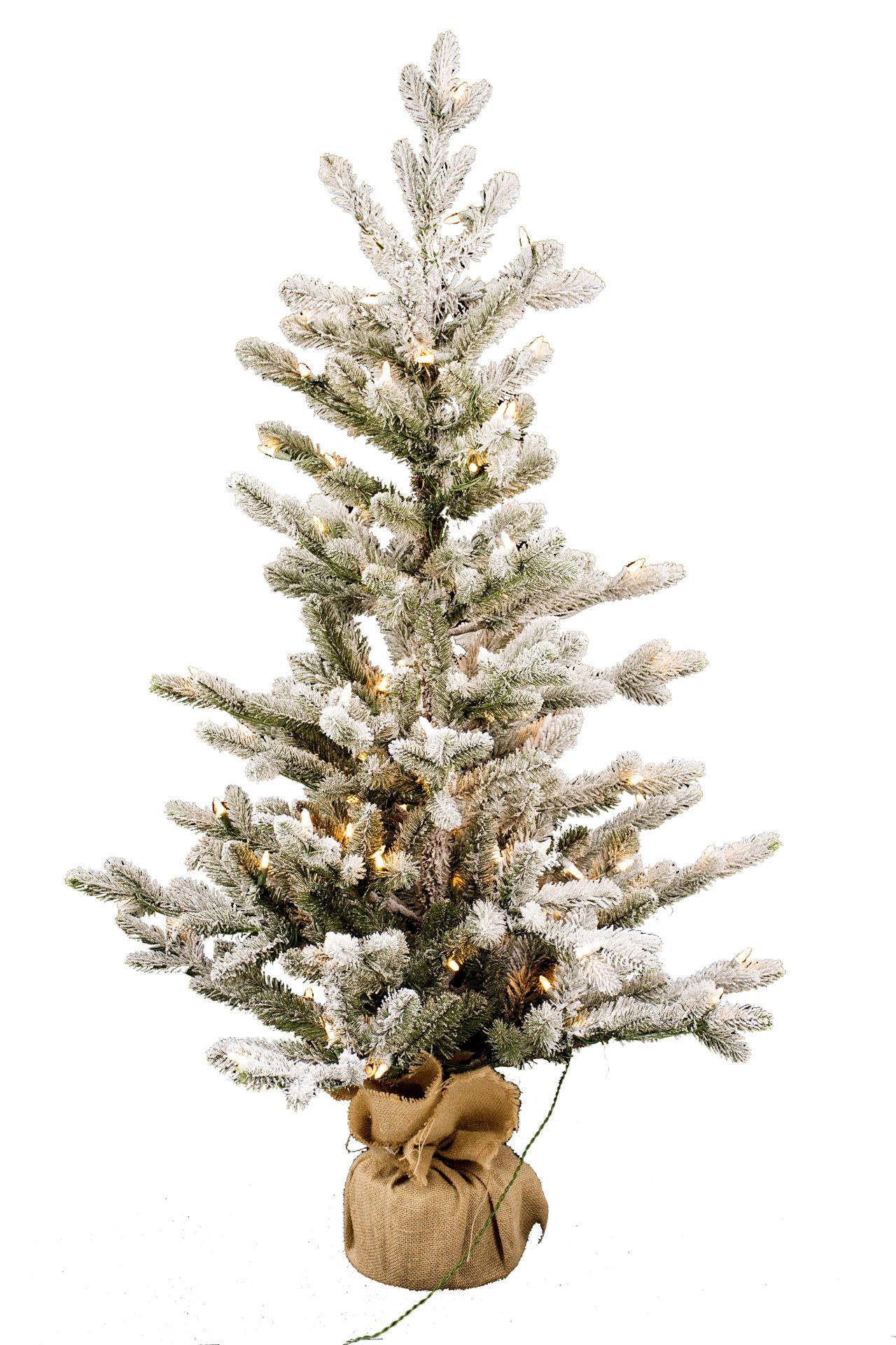 Vaxo Flocked verlichte tafelkerstboom - 91 cm - Wit geflockt groen -Ø81 cm - 147 tips - 50 ledlampjes (warm wit) - Besneeuwd/Frosted - Jute zak afbeelding