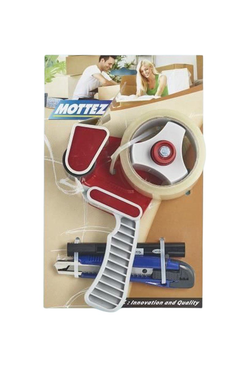 Mottez tape met rol - Verpakkingsset met stift, breekmes en tape - Inclusief tapehouder afbeelding