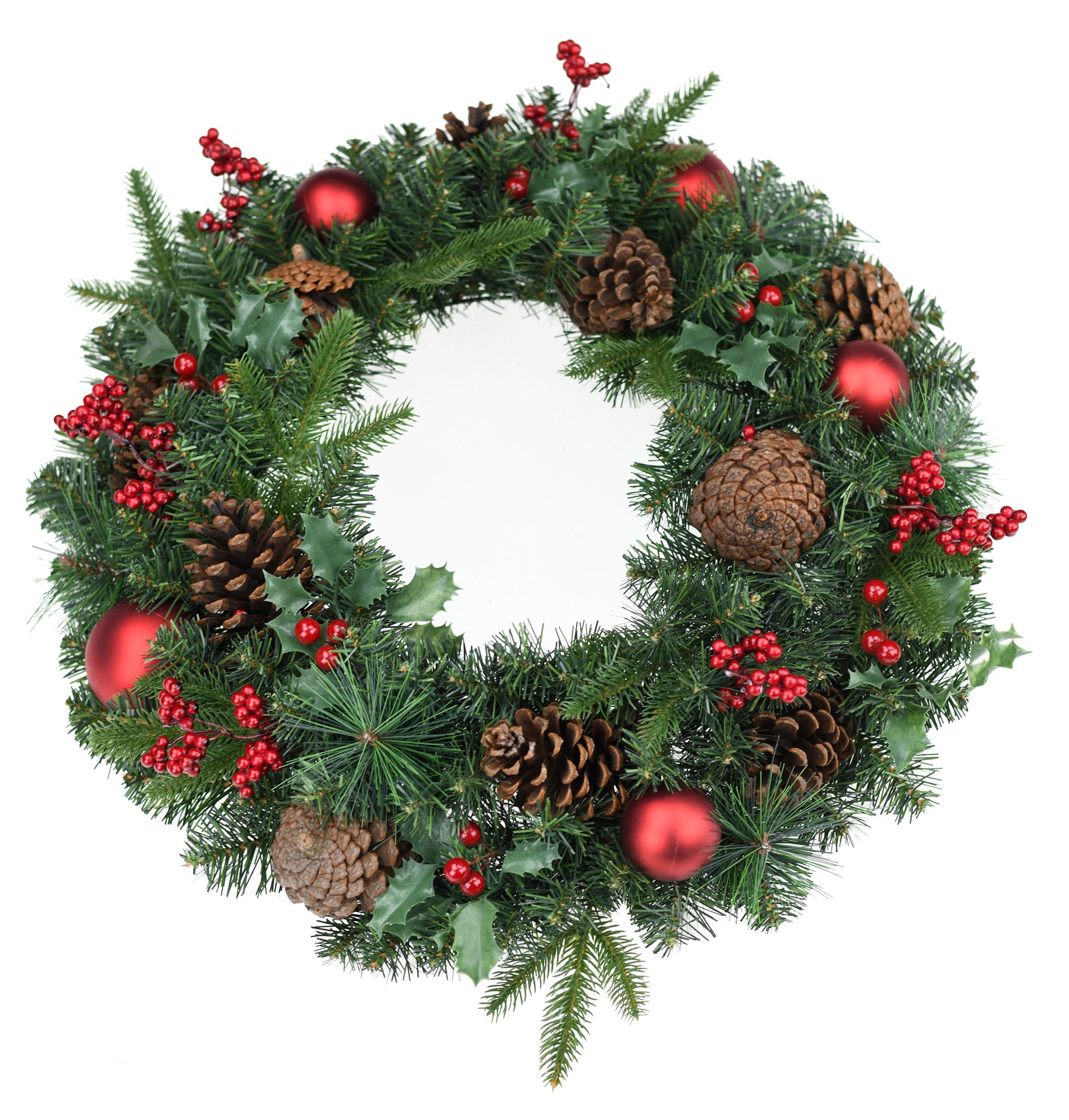 Kerstkrans "Victoria" - groen - Diameter 60 cm - met rode bessen, dennenappels & kerstballen