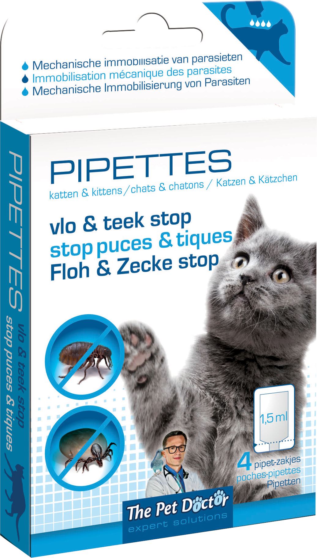 The Pet Doctor vlo/teek stop pipettes Kat - Pipettes met fysisch-mechanische werking tegen vlooien, teken en mijten - 4 pipet zakjes afbeelding