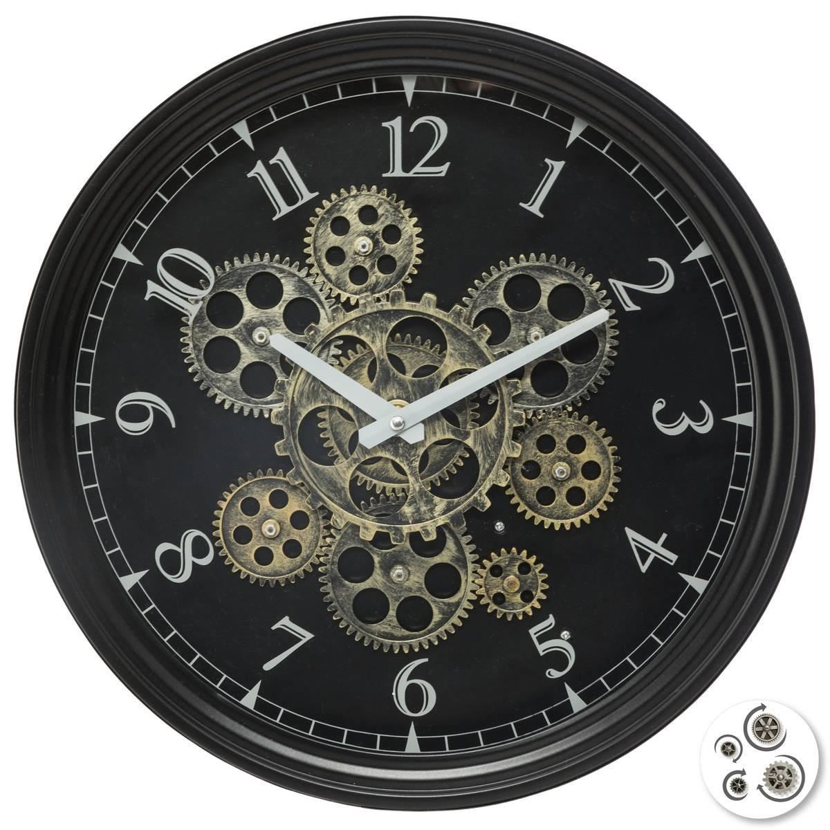 Atmosphera wandklok 'Meca' - Luxe metal - Diameter 38 cm - Met draaiende tandwielen - Zwart