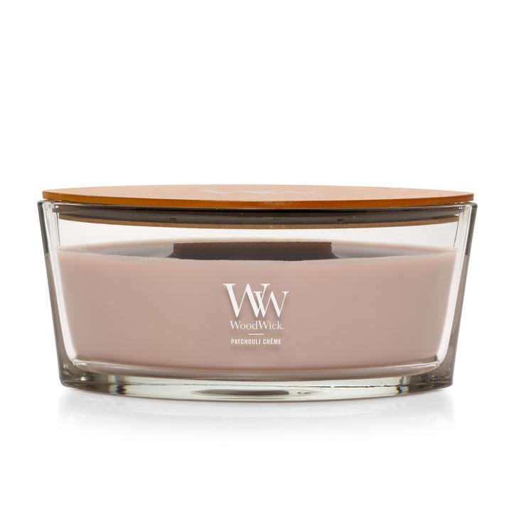 WoodWick geurkaars - Ellipse HearthWick Flame - Patchouli Crème