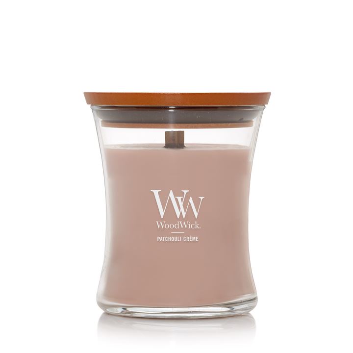 WoodWick geurkaars - Medium Hourglass - Patchouli Crème